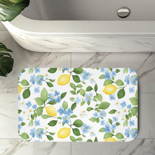 Amalfi Coast Inspired Bath Mat, Lemon Shower Mat, Blue Floral Bathroom Rug, Coastal Spring Decor