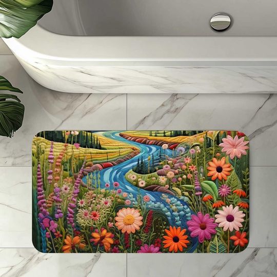 River Landscape Floral Bath Mat -  Botanical Decor, Wildflower Design