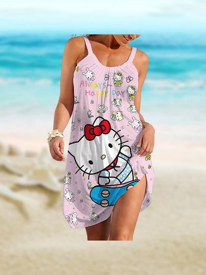 Hello Kitty Sling Summer Dress, Kitties Cat Women Dress, Cute Cat Love Dress, Animal Love Dress For Summer, Gift For Her/Mom