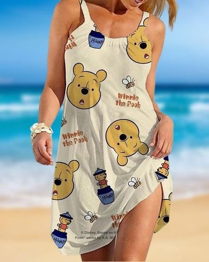 Winnie The Pooh Dress, Disney Beach Dress, Cute Hunny Pooh Summer Dress, Cartoon Movie Gift, Women Beach Fashion