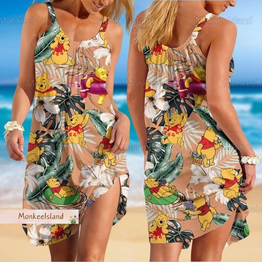 Pooh Bear Summer Dress, Classic Winnie The Pooh Women Dress, Cartoon Beach Sundress, Disney Pooh Short Dress, Gift For Her