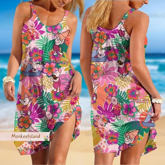Piglet Winnie The Pooh Summer Dress, Disney Piglet Short Dress, Piglet Tropical Beach Dress, Piglet Women Sundress, Gift For Her