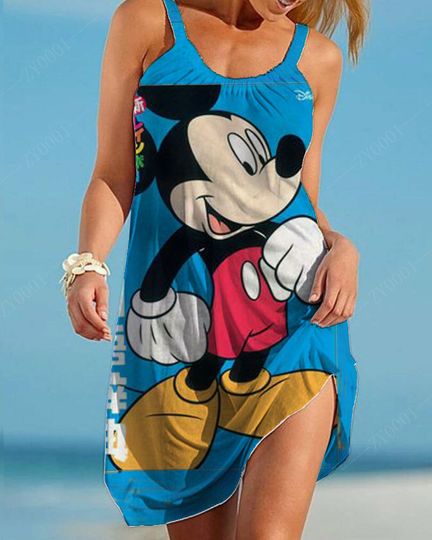 Disney Women's Summer Sleeveless Mini Dress - Elegant Green Silk Mickey Mouse