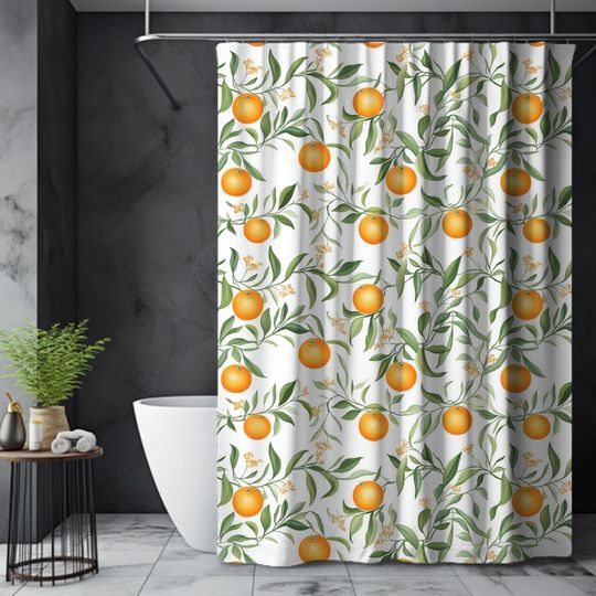 Citrus Botanical Shower Curtain, Fruit Floral Long Bath Curtain, Farmhouse Cottagecore Bathroom Decor
