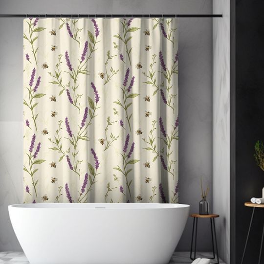 Discover Lavender Botanical Shower Curtain, Floral Bee Farmhouse Decor