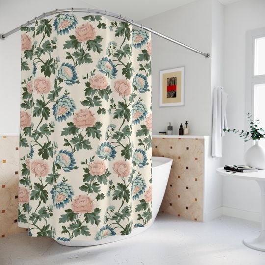 Granny Chic Floral Pastel Long Shower Curtain in Blue Green Provencal Motif