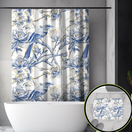 Toile de Jouy Shower Curtain - French Provencal Pattern, Classic Blue Pastoral Bird Design, Bath Decor