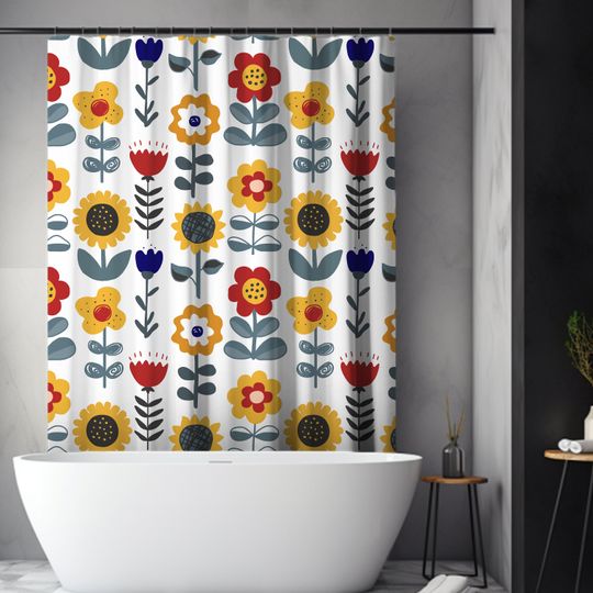 Mid Century Modern Shower Curtain - Retro Daisy Bath Curtain for Maximalist Bathroom Decor