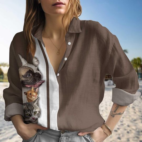Discover French Bulldog and Cat Blouse, Button-Up Shirt for Pet Lovers
