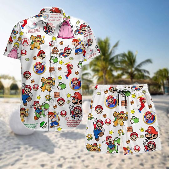 Super Mario Bros Button Shirt, Video Game Shorts, Princess Peach Button Shirt Women, Yoshi Summer Pants, Beach Shorts