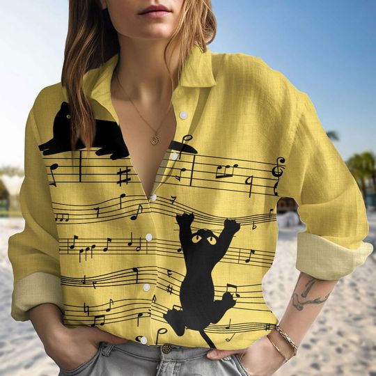Cat Music Note Blouse, Cat Playing Guitar Shirt for Women, Animal Print Button-Up for Cat Lovers