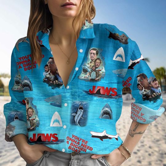 Jaws 50th Anniversary Blouse Shirt, Shark Horror Women Shirt, Jaws Movie Long Sleeve Shirt, Horror Movie Shirt, Jaws Merch