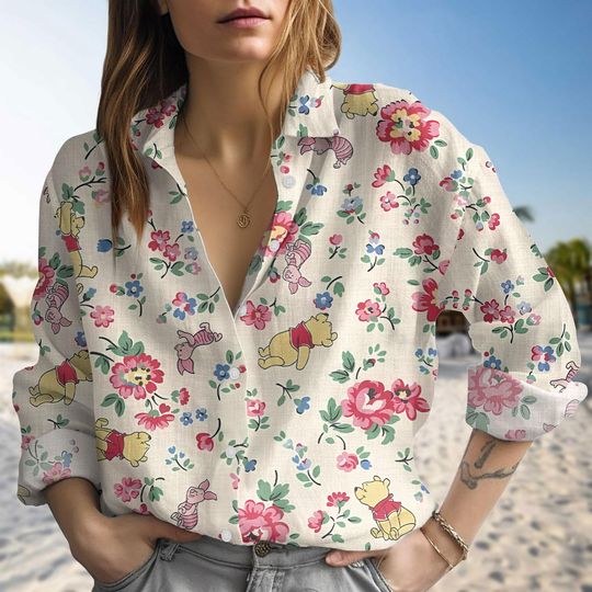 Winnie the Pooh Floral Blouse Shirt, Cute Piglet and Flower Pattern Shirt, Summer Blouse Women Gift, Summer Resort Vacation Outfit