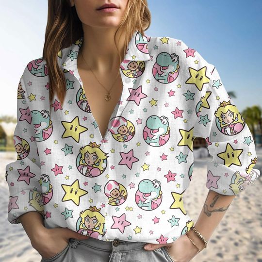 Pastel Super Mario Blouse Shirt, Cute Princess Peach Yoshi Star Pattern Women Top, Super Mario Blouse Women Shirt, Summer Gift For Mom
