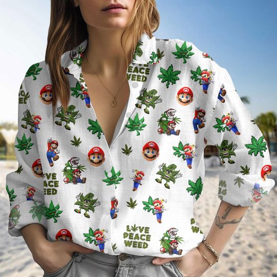 Funny Mario Weed Blouse Shirt, Love Peace Weed Gamer Stoner Top for Women, Summer Super Mario Clothing Women Shirt, Gift For Her
