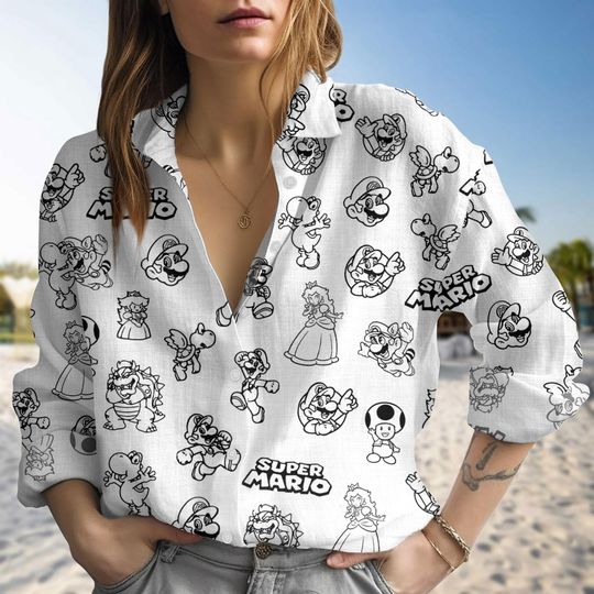 Super Mario Blouse Shirt, Cartoon Mario Characters Shirt, Summer Beach Casual Top, Mario Blouse Women Shirt, Summer Gift For Women
