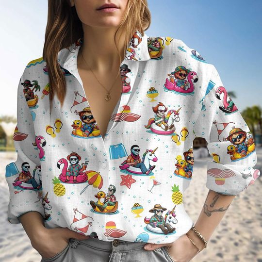 Horror Summer Cartoon Blouse Shirt, Blouse Pool Party Shirt, Comfy Beachwear Blouse, Gift for Her, Vacation Humor Shirt, Summer Blouse Shi