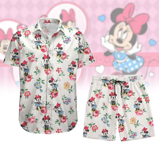 Minnie Mouse Floral Hawaiian Shirt, Cute Summer Disney Button Shirt and Shorts, Matching Vacation Outfit for Family, Gift For Summer