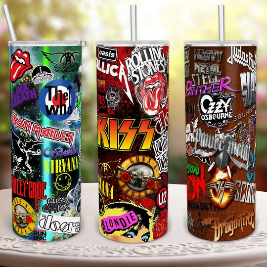 Rock Band Logos 20oz Skinny Tumbler Designs. 3  Sublimation Wraps. 80s, 90s, Classic and Punk Rock, Heavy Metal. Cultural Music Icons