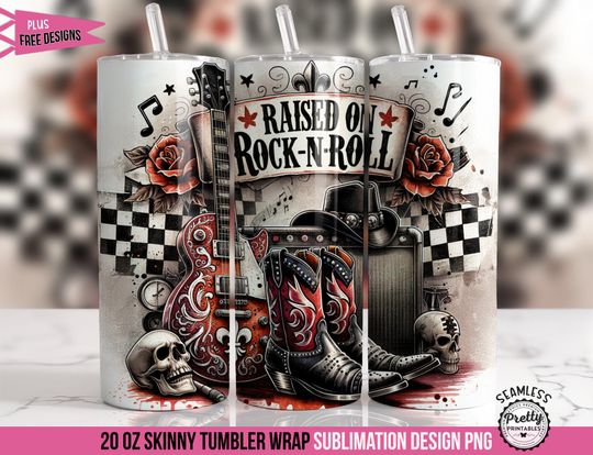 Raised on Rock and Roll Tumbler Wrap: 20 oz Music Sublimation Design, Skull Guitar Tumbler Wrap, Classic Rock Tumbler Wrap, Rock Band Gift
