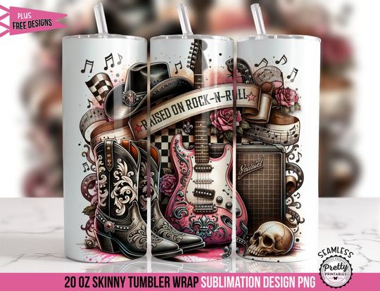 Raised on Rock and Roll Tumbler Wrap: 20 oz Music Sublimation Design, Skull Guitar Tumbler Wrap, Classic Rock Tumbler Wrap, Guitarist Gift
