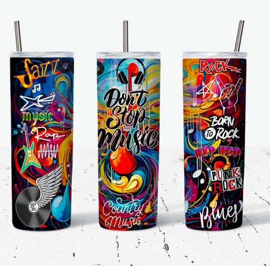 Music Band Tumbler, Rock Band Tumbler, Music Tumbler Designs, Glitter Music 20 oz Skinny Tumbler Sublimation Design, Love Music SEAMLESS