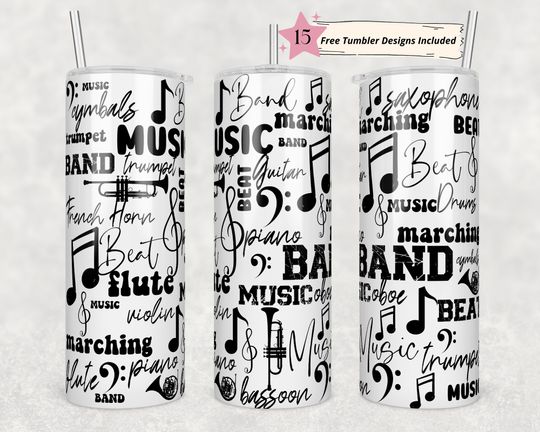 20 oz Skinny Tumbler Sublimation Design Template School Band Trumpet Music Straight Design