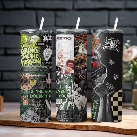Bring me the horizon tumbler double wall 20oz stainless steel skinny tumbler with straw and lid rock band tumbler emo