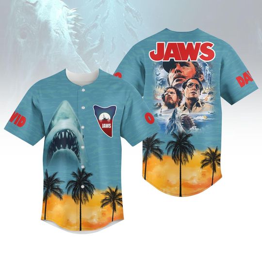 Custom Jaws 50th Anniversary Baseball Shirt, Shark Horror Jersey Shirt, Jaws Movie Jersey Men, Horror Movie Shirt, Jaws Merch