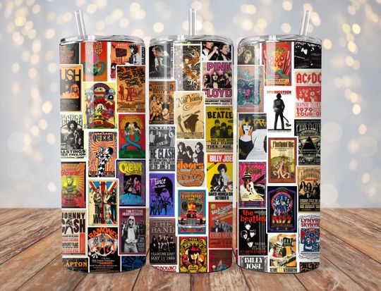 Classic Rock & Roll Concert Posters Retro Tumbler Wrap | 20 oz Sublimation  | Music Tumbler Design