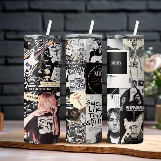 Nirvana tumbler 20oz stainless steel skinny tumbler w/ leak proof lid and straw rock band tumbler Kurt Kobain cup