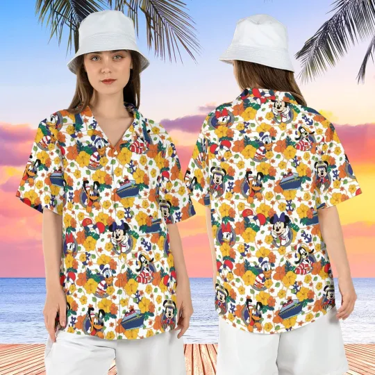 Discover Mickey And Friends Hibiscus Flowers Summer Cruise Floral 3D HAWAII SHIRT