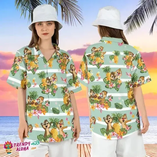 Chip Dale Pineapple Trouble Summer Hawaiian Disneyland Aloha Shirt