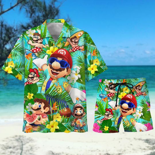 Super Mario Tropical Button Shirt, Mario Hawaiian Shirt, Men Shorts, Women Summer Beach Shirt, Video Game Aloha Shirt, Vacation Shirt