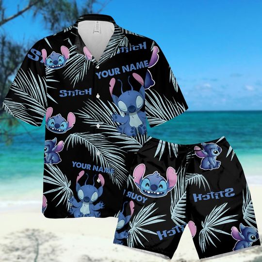 Custom Name Stitch Tropical Hawaiian Shirt, Beach Shorts, Cute Lilo And Stitch Button Shirt, Summer Shirt, Disney Aloha Vacation Shirt