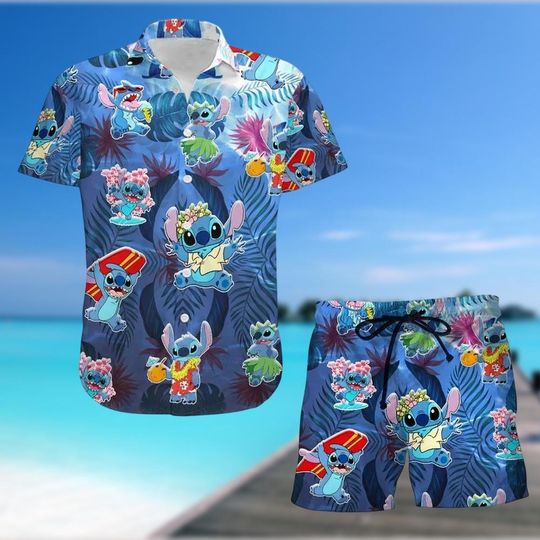 Stitch Surfing Hawaiian Shirt and Shorts, Cute Blue Alien Hawaiian Set, Disney Summer Beach Outfit for Fan, Disney Stitch Button Gift