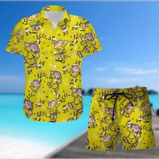 Dopey Dwarf Matching Shirt and Shorts, Yellow Leafy Print Snow White Set, Cute Disney Outfit for Theme Park Fans, Disney Summer Gift