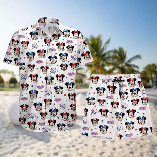 Minnie Mouse Summer Hawaiian Shirt, 4th of July Hawaiian Summer Shirt, Cute Disney Summer Outfit for Women, American Summer Gift