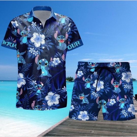 Stitch Hawaiian Shirt and Shorts Set, Tropical Blue Vacation Outfit, Cute Disney Beachwear for Summer, Stitch Movie 2025 Hawaiian Shirt