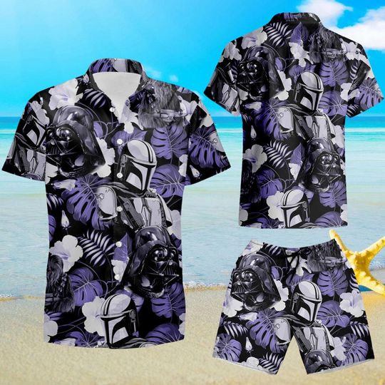 Star Wars Darth Vader Mandalorian Floral Hawaiian Shirt, Darth Vader Shorts, Dark Galaxy Vacation Outfit for Him, Star Wars Movie Shirt