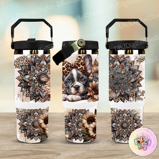 Frenchie Mama - Earthy Leopard Print  30 Oz Flip Straw Tumbler With Handle