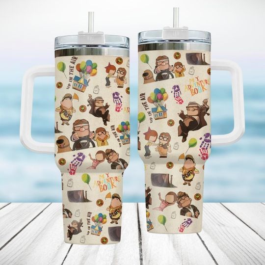 Up Movie Valentine Stainless Steel Tumbler, Carl And Ellie 40oz Tumbler, Disney Couple Water Cup, Balloon House Cup,  Valentine Gift