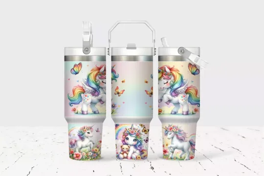 Rainbow Unicorn 30 Oz Flip Straw Tumbler With Handle
