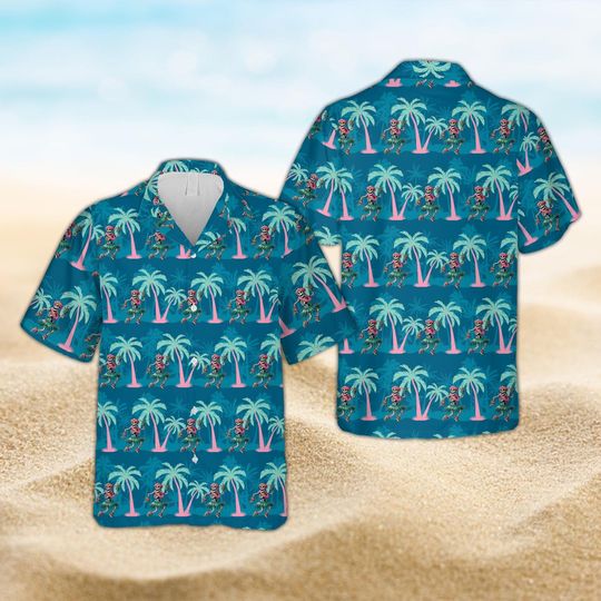 Hula Skeleton Hawaiian Shirt, Funny Tropical Summer Button Up Shirt, Palm Tree Beach Summer, Dancing Skeleton Summer Shirt