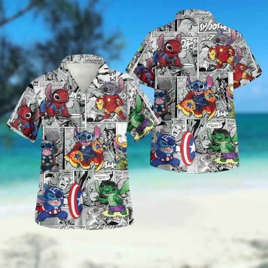 Discover Marvel Stitch Shirt, Stitch Avengers Hawaiian Shirt, Lilo And Stitch Superhero Button Up Shirt, Disney Family Trip, Marvel Characters
