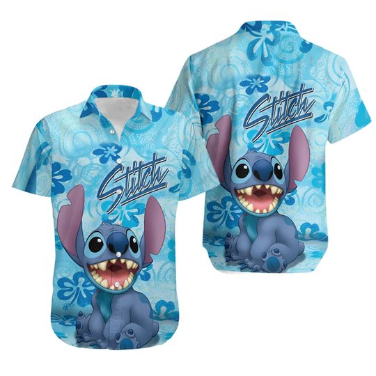 Cute Disney Stitch Hawaiian Shirt Shorts Set, Blue Tropical Outfit, Cute Cartoon Beach Clothes for Summer, Tropical Hawaiian Shirt