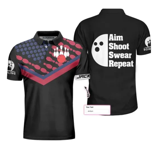 Discover Men Polo Shirt   Bowling Aim Shoot Swear Repeat Custom Polo Shirt Customized Bow