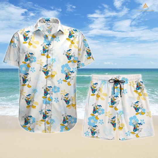 Donald Duck Aloha Floral Button Shirt, Donald Men Shirt and Shorts, Mickey And Friends Set, Donald Duck Outfit, Disneyland Trip Shirt