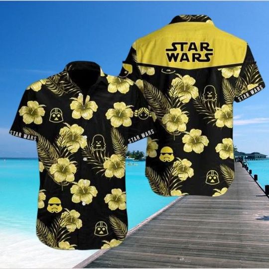 Star Wars Hawaiian Shirt, Yellow Floral Darth Vader Shirt, Tropical Vacation Shirt, Sci-Fi Summer Shirt, Disney Star Wars Gift