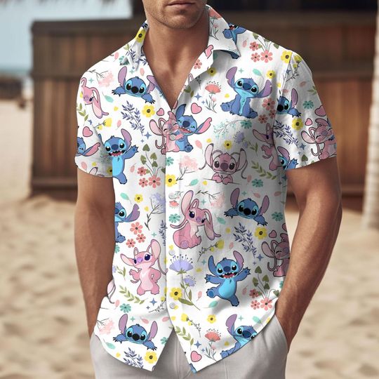 Pastel Stitch and Angel Hawaiian Shirt, Cute Couple Beach Outfit, Lilo and Stitch Gift for Men, Women, Summer Gift For Friends